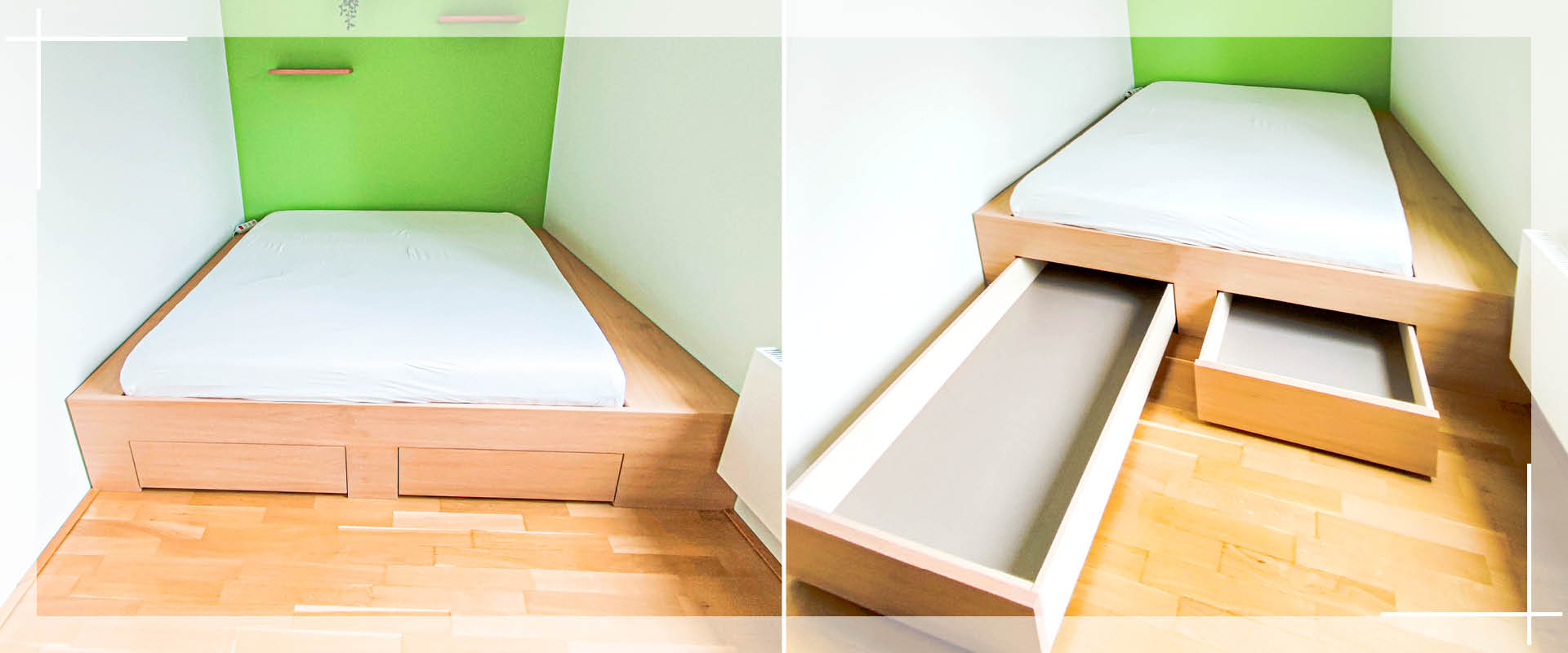 Tischlerei nipa Hamburg | Individuelle Einrichtungen aus Holz – Referenz Möbeltischler: Doppelbett nach Maß für Nische mit Schubkästen